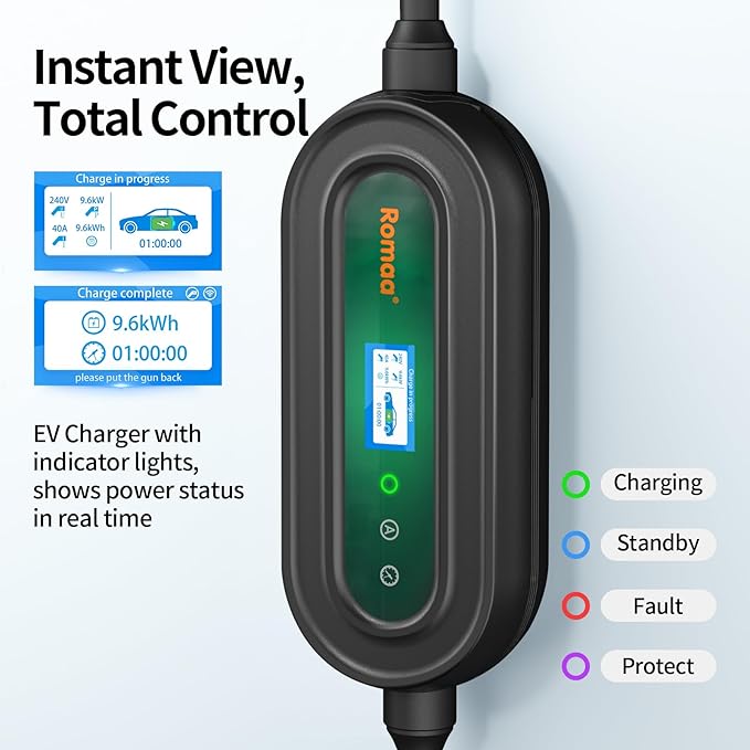 EV Charger Level 2 40 Amp – Portable J1772 9.6kW 240V Charger, ETL Listed (UL 2594/2231) & FCC, NEMA Type 4 IP66, NEMA 14-50 Connection, Adjustable 16–24–32–40A, 25FT Length, Home EV Charging Station