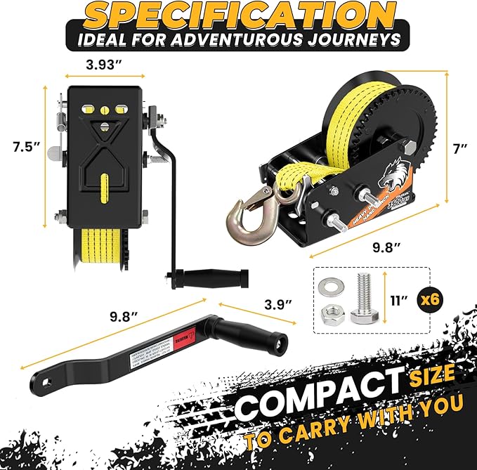 33FT Strap Boat Trailer Winches，2-Way Ratchet System Designed for Heavy-Duty Applications. 3500 lbs Ideal for Towing Trucks, ATVs, RVs, and Jet Skis.