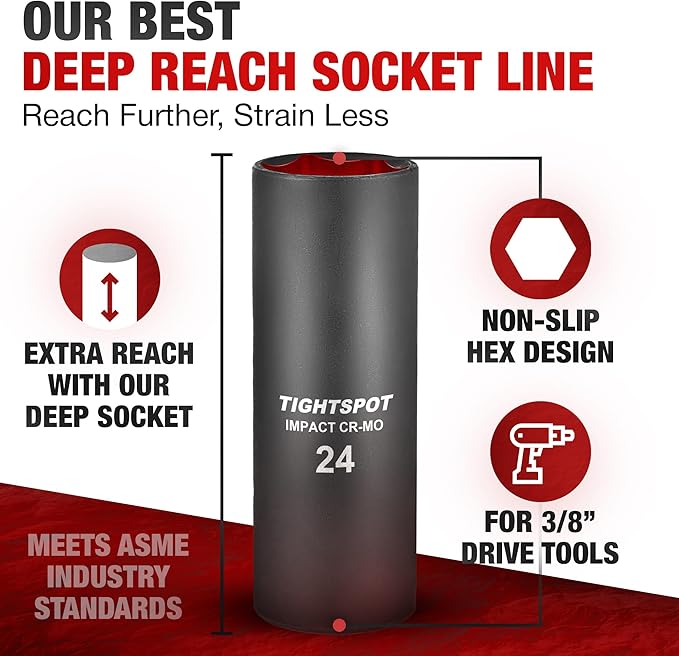 TIGHTSPOT 3/8 Inch Drive - 24 mm Deep Impact Socket with Anti-Rounding 6 Point Design, Heat-Treated CRMO Steel, Metric