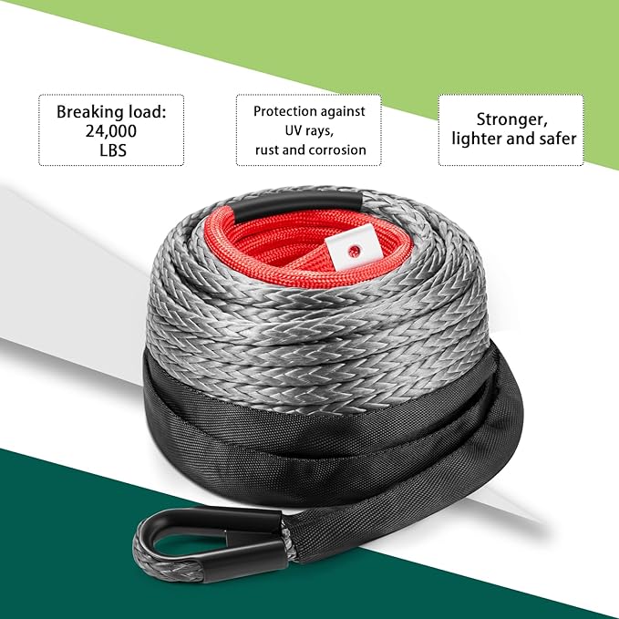 3/8 Inch x 80 Feet Synthetic Winch Rope, 24000Lbs Synthetic Winch Line Cable Rope with Protective Sleeve for Off Road Vehicle SUV Gray