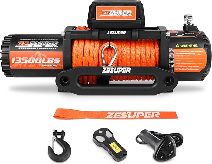 ZESUPER 13500 lb Electric Winch, Synthetic Rope 12V Winch Waterproof IP68 Winch Kit,Off Road Winch for Jeep,Truck,SUV, with Wireless Remote, Corded Control,Side-Mounted Bracket for Control Box
