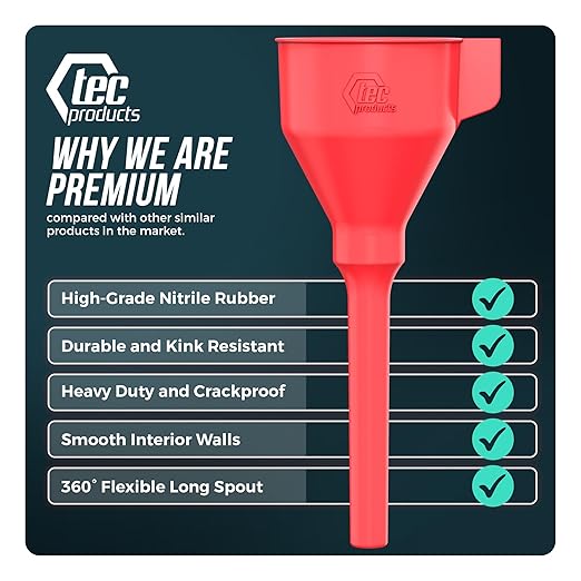 TEC Products FlexAll Anti-Kink Funnel - Long Flexible Funnel with Hose for Automotive Use - Durable Nitrile Rubber - Car Oil Change, Transmission Fluid, Diesel, Gas - Made in USA (9 x 3.95 Inches)