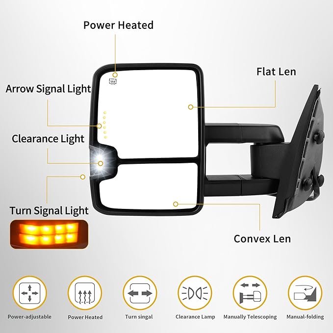 DWVO Towing Mirrors Compatible with 07-13 Silverado 1500 2500 3500 Avalanche Tahoe Suburban GMC Yukon Sierra Cadillac Power Heated Manual Folding Telescoping LED Turn Signal Light Black