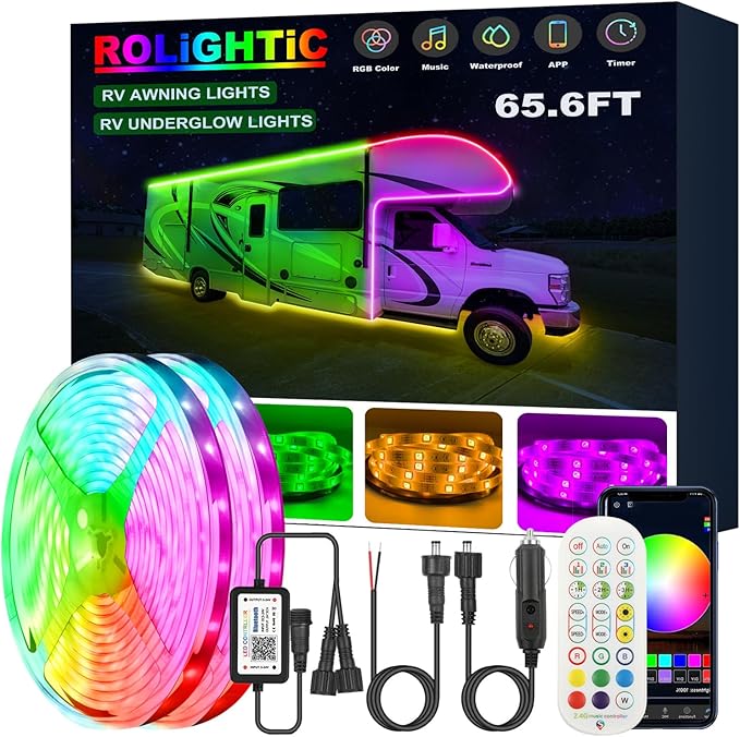 65.6FT RV Awning Lights Strip, 12V Multi-Color RV Underglow Led Lights, Camper Underbody Accent Lighting with APP RF Control for Motorhome Travel Trailer Concession Stands Food Trucks