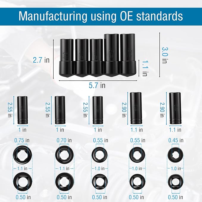71670 Large Tap Socket Set 5pcs, Fit 5/8", 11/16", 3/4", 7/8" and 1" (16mm-25mm) Taps, Sockets Adapter Wrench Set #9, #10, #11, #12, #13