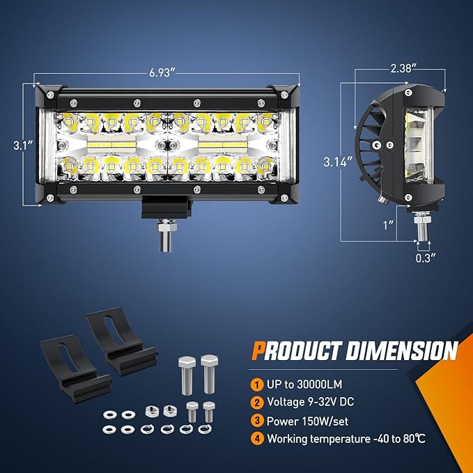 Nilight Side Shooter Light Bar 2 PCS 7 Inch Triple Row Spot Flood Combo Work Off Road Lighting on Truck SUV ATV UTV
