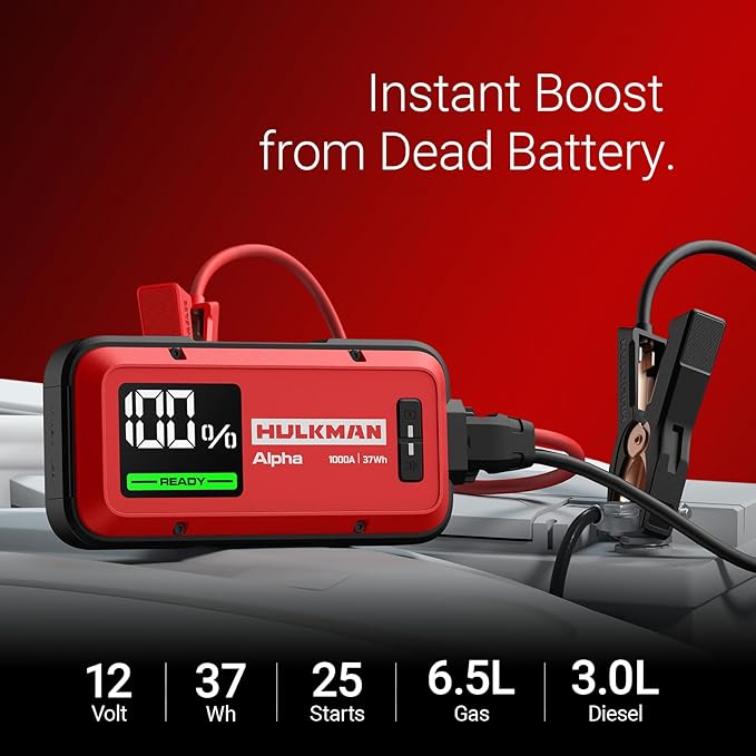 Hulkman Alpha,Ultra Red,1000A 37Wh Jump Starter, Lightweight, Stylish,12V Jump Box with Jumper Cables,45-Min Full Recharge,24-Month Standby,3-Step Easy Start,IP65,LED Display,for 6.5L Gas/3.0L Diesel
