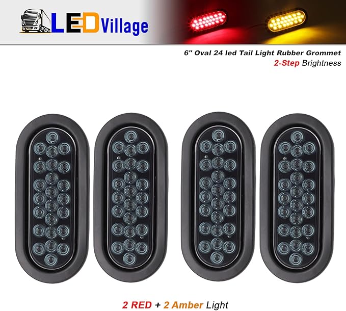 [Pack of 4] 6 Inch Smoked Lens 2 Amber + 2 Red Oval Marker Tail Lights Multi-Function Stop Brake Turn LED for Truck Trailer Tow 12V DC Shockproof 24led