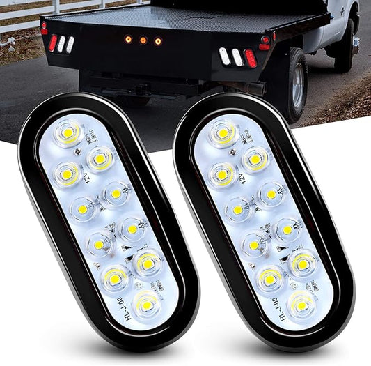 Nilight 6 Inch Oval White Trailer Tail Lights 2PCS 10 LED w/Flush Mount Grommets Plugs IP67 Waterproof Reverse/Back Up Lamp for Truck RV Camper Boat Jeep, White