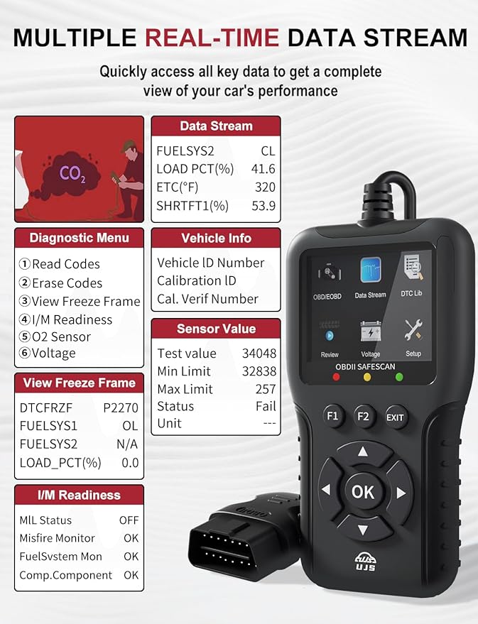 Enhanced Universal OBD2 Scanner, Check Engine Code Reader - 45000+ Fault Codes, Live Data, I/M Readiness, Battery Voltage Check, Read & Clear Error Codes for All OBDII Protocol Car 1996+