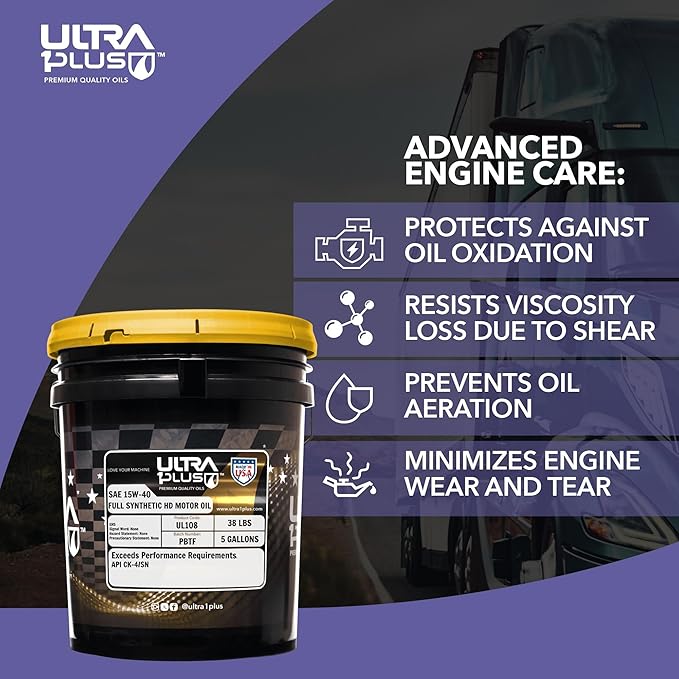 Ultra 1Plus SAE 15W-40 Full Synthetic Heavy-Duty Diesel Engine Oil - 15W 40 Motor Oil API CK-4/SN (5 Gallon Pail)