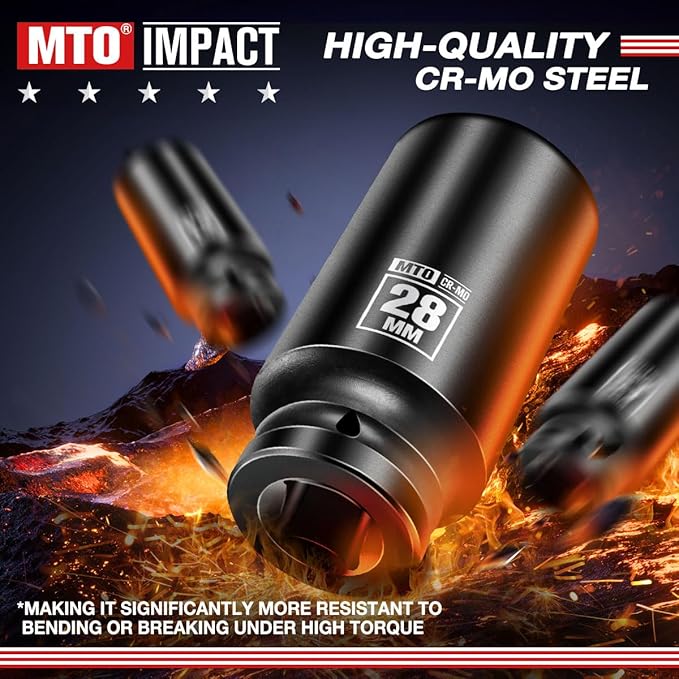 MTO 1/2" Drive 28mm Deep Impact Socket, 6 Pt. Metric Socket, CR-MO Steel & Anti-Corrosion Coating for Heavy-Duty Use