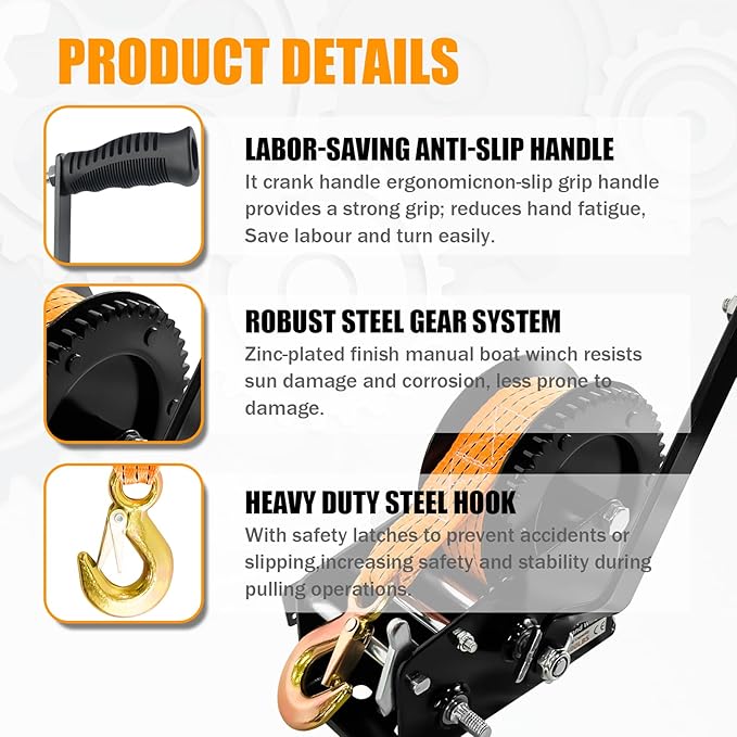 Boat Trailer Winch 3500lbs, Heavy Duty Hand Winch with 33FT Polyester Strap, 4:1/8:1 Gear Portable Winch with Hook, 2 Way Ratchet Manual Winch for Boat, Jet Ski, Truck-Includes Installation Screws