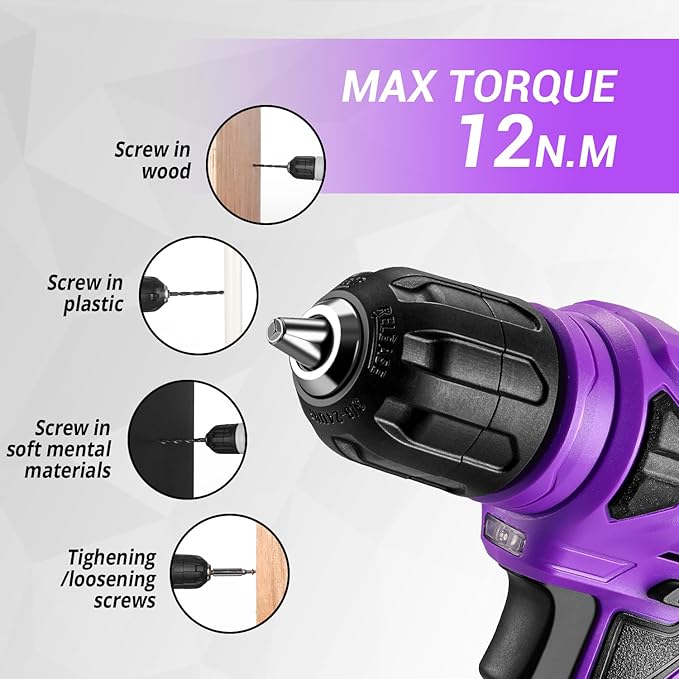 Tool Set: Tool Kit with 8V Cordless Drill, Hand Toolbox with storage case, Tool set for Home Repairs 126 Piece, Purple