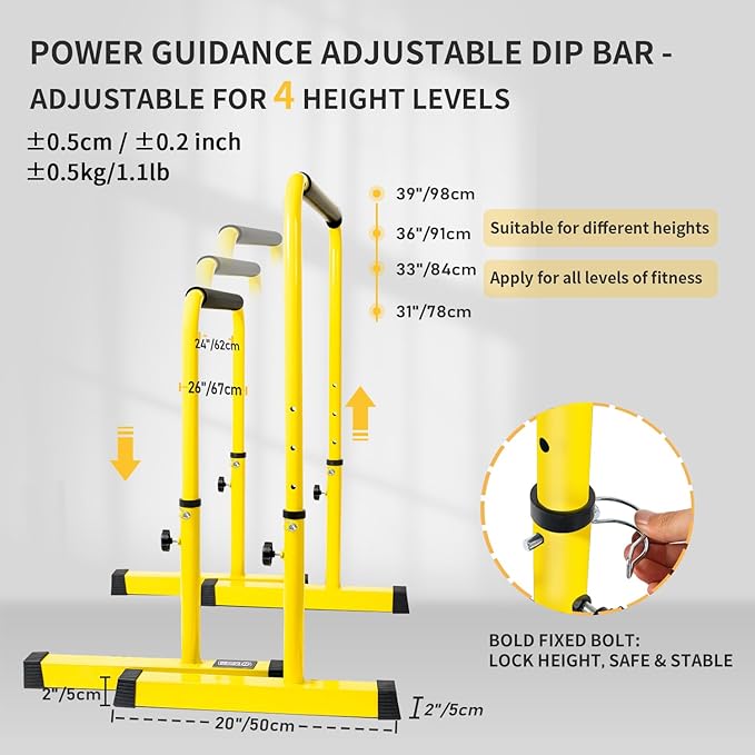 POWER GUIDANCE Dip Bar, Dip Stand Station for Full Body Strength Training, Adjustable Height 30Inches - 38.6Inched, 3 Colors Available