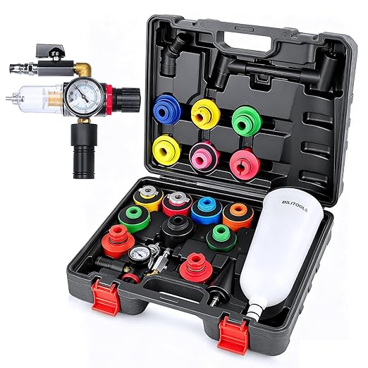 BILITOOLS 20-Piece Oil Funnel Kit for Engine Oil Change, 2.2 QT Automotive Funnel Set with 15 Adapters & Air Filter Regulator, One-Hand Operation, Compatible with GM, VW, Ford, BMW, Audi and More