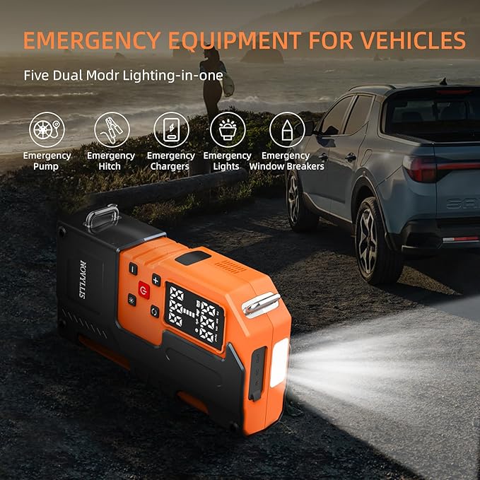 Jump Starter with Air Compressor 4000A Portable Battery Pack 10000mAh Power Bank Emergency SOS LED Light 22-Cylinder 150PSI Cordless AutoShutoff Tire Inflator Window Breaker