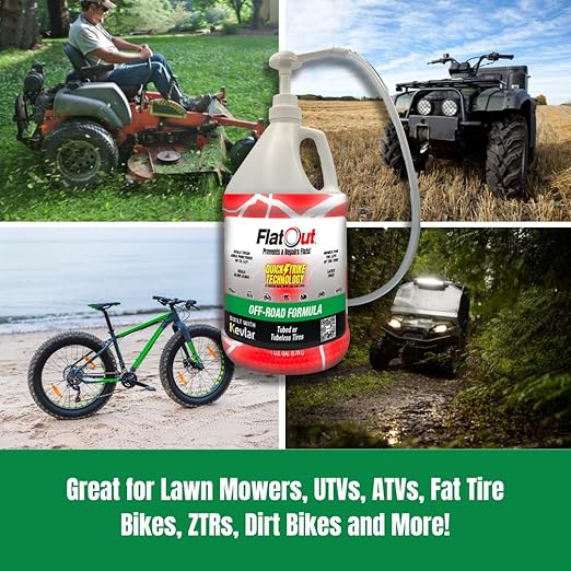 FlatOut QuickStrike Tire Sealant - Off-Road Formula - Prevents Flat Tires - Seals Leaks - Contains Kevlar - Tubeless Tire Sealant - 1 Gallon + Tool