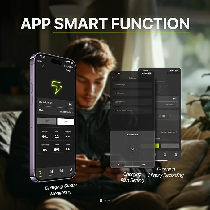 Tesla Charger Level 2 Hardwire 50A Smart Home Charger NACS 240V EV Chargers 50 Apms Large Motion-Activate Display Screen One-Piece Housing Metal Case 25 FT Cable NEMA 14-50 Plug