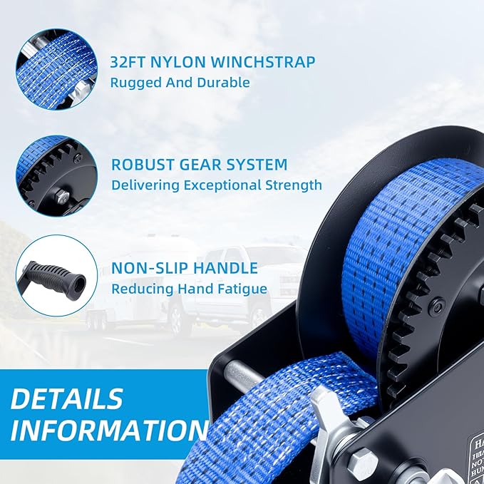 3500LBS Heavy Duty Boat Trailer Winch with 32FT Strap, 2-Way Ratchet, 4:1/8:1 Gear Trailer Winch, Portable Hand Crank for Boat, Truck, Trailer, RV, ATV, Jet Ski