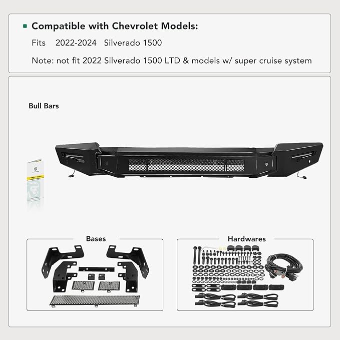 YHTAUTO Bull Bar Push Bar with Skid Plate Light Mount Fit Chevrolet Models, Silverado 1500 2022-2025, Heavy Duty Steel Brush Guard for Truck Front Bumper Textured Black Off Road Accessories