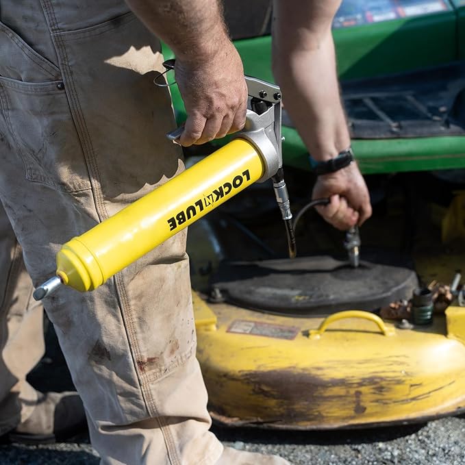 LockNLube Premium Pistol-Grip Grease Gun. Includes our patented LockNLube® Grease Coupler (locks on, stays on, won't leak!) plus a high-quality 20" hose and in-line hose swivel.