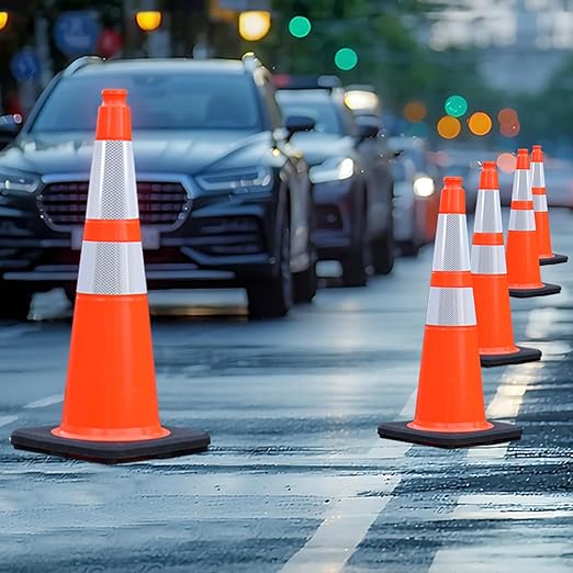 4 Pack 28" inch Orange PVC Traffic Safety Cones with Reflective Collars and Heavy Duty Black Rubber Base, Durable Cones for Parking Lots, Roadwork, Driveways and Event Use