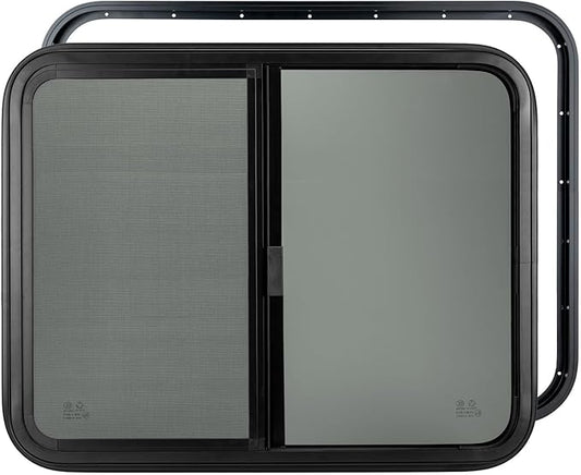Dulepax Horizontal RV Window, 30" W x 24" H Tinted Slide Trailer Window, Tempered Glass Camper Window Replacement with Net Screen and Trim Ring, DOT Approved