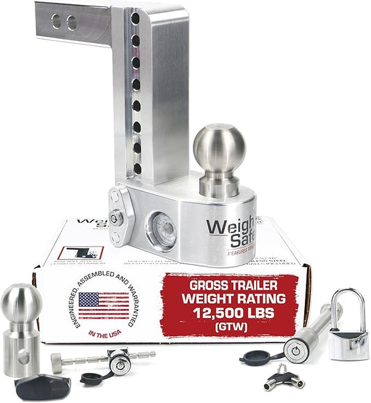 Weigh Safe Aluminum Adjustable Trailer Hitch - Towing Hitch with Built-In Tongue Weight Scale - Compatible with 2" Receivers - 8" Drop, Stainless Steel Tow Balls, 12,500 GTW, 4-Piece Lock Set