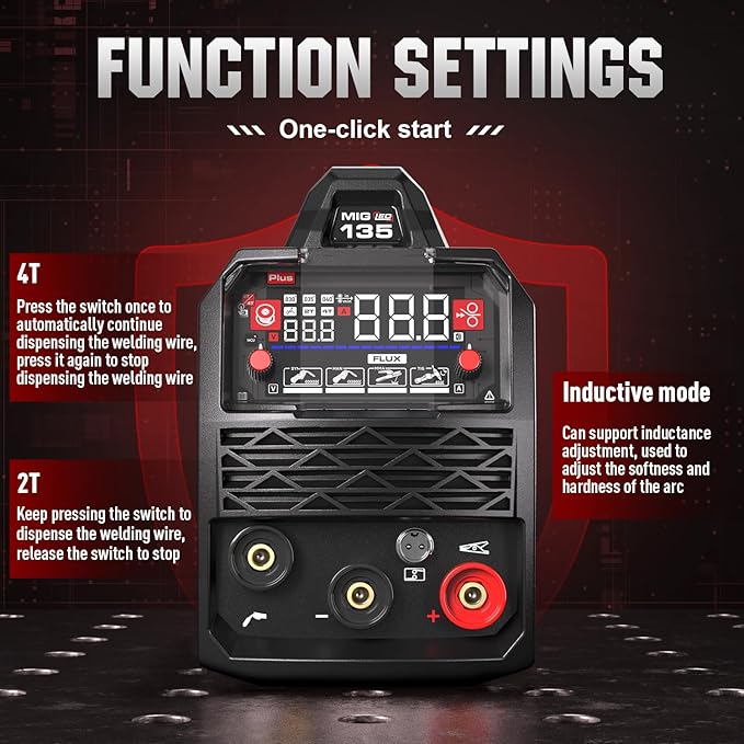 ANDELI 135A MIG Welder,110V/220V [Large LED Display] 3-in-1 Welder Flux Core MIG/Lift Tig/Stick Multiprocess Gasless MIG Welding Machine with Synergy，2T/4T Full Kit (Bonus Welding Helmet & Gloves)