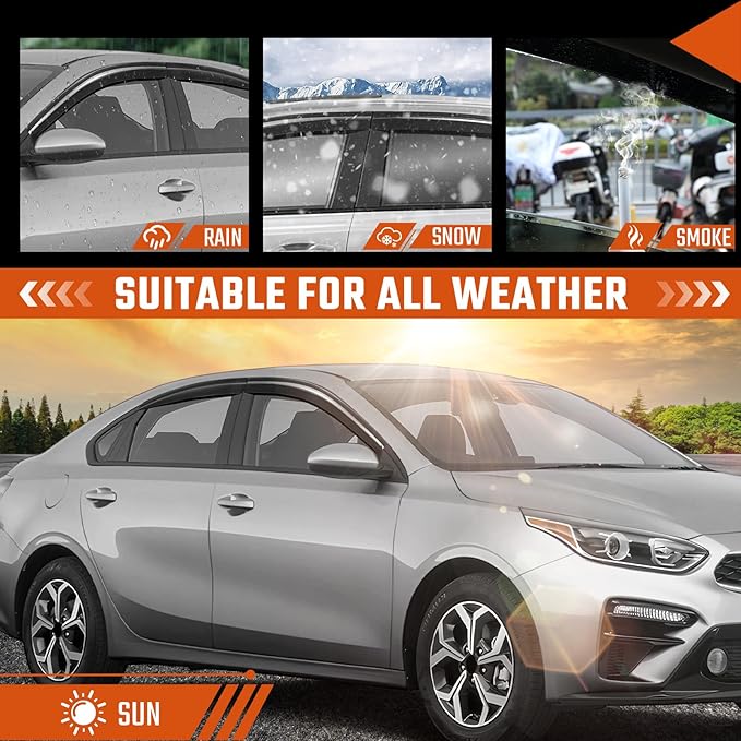 Tape-On Rain Guards Fit for Kia Forte 2019-2025 Window Deflector Out Channel Extra Durable Side Sun Smoke Guard 2024 Forte Visor Deflectors Black 4pcs