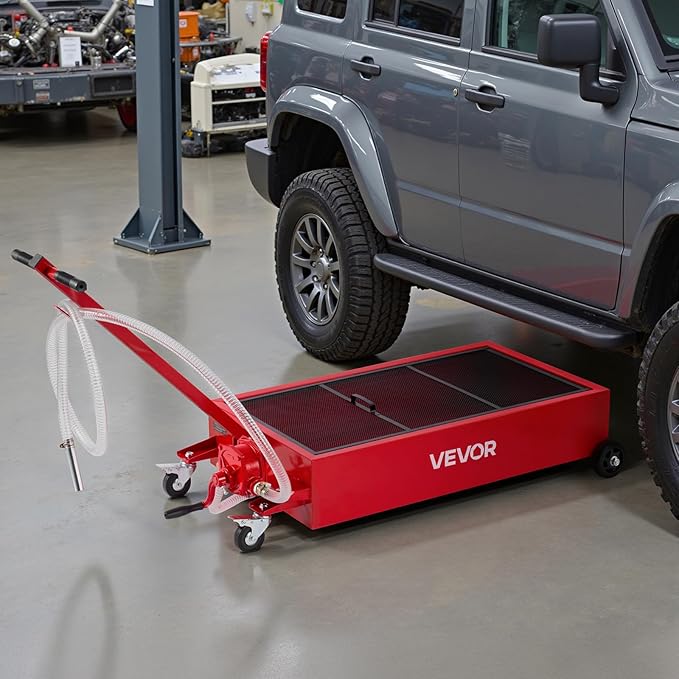 VEVOR Low Profile Oil Drain Pan, 20 Gallon Capacity, Rolling Oil Drain Pan with Manual Pump, 7.2 ft Hose & T Folding Handle, Leak-Proof & Corrosion-Resistant, Fit for Cars, SUVs, Trucks, ATVs, Red