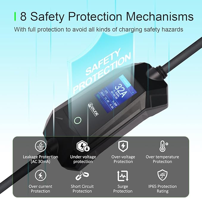 Level 1 & 2 EV Portable Charger up to 32Amp, 110V / 240V with 25ft Type1 J1772 Cable, NEMA 5-15 & 14-50 Plug Indoor/Outdoor EVSE, Home/Travel Electric Car Charging Station