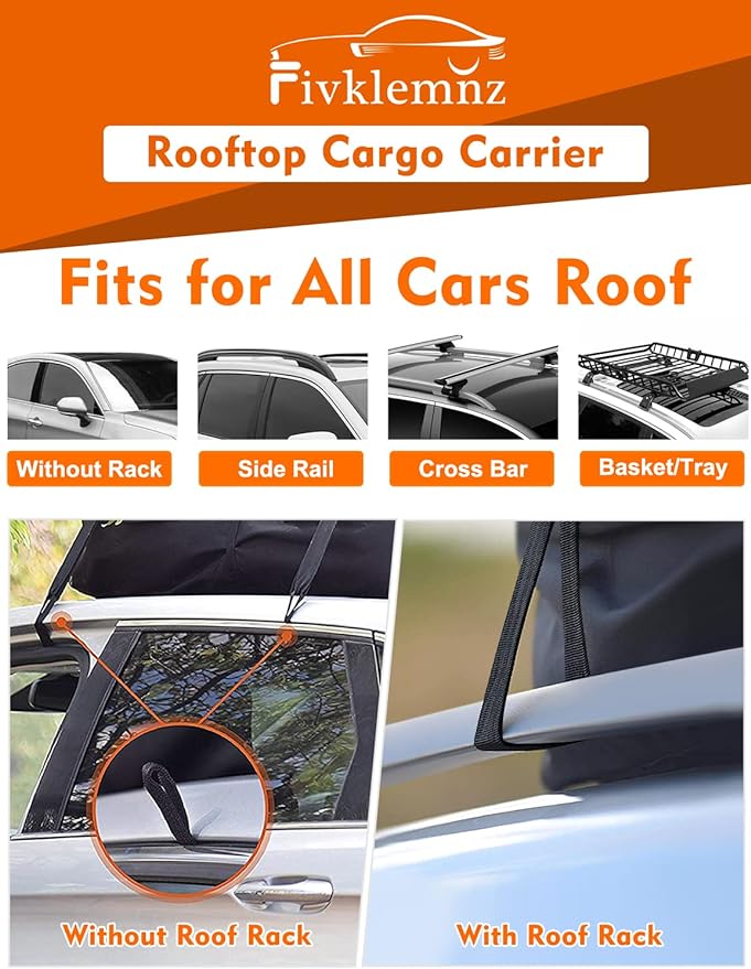 FIVKLEMNZ Car Rooftop Cargo Carrier Roof Bag Waterproof for All Top of Vehicle with/Without Rack Includes Topper Anti-Slip Mat + Reinforced Straps + 6 Door Hooks + Luggage Lock