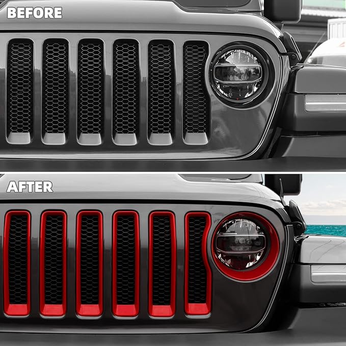 Grill Insert+Headlight Turn Light Cover Fit for 2018-2023 Jeep Wrangler JL JLU Sport/Sports Only,Not for Sahara,Rubicon 4xe(Red)