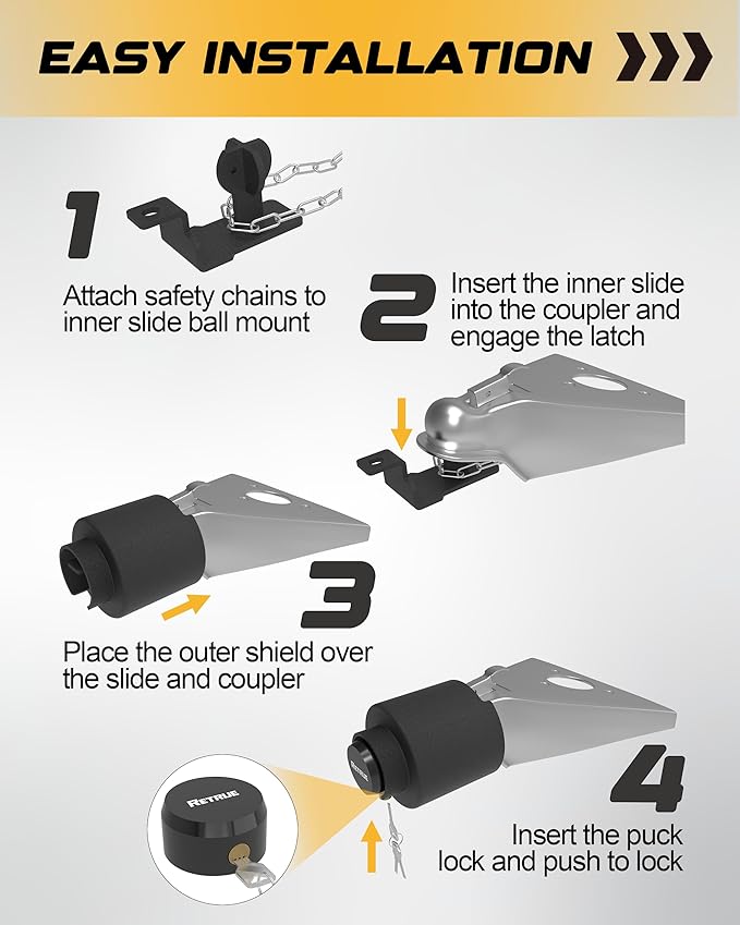 RETRUE Heavy Duty Trailer Lock, Fits 2 5/16-Inch Couplers, Ball Coupler&Safety Chains Anti-Theft,Trailer Hitch Locks for RV, Cargo, Boat, Dump Trailer (Black)