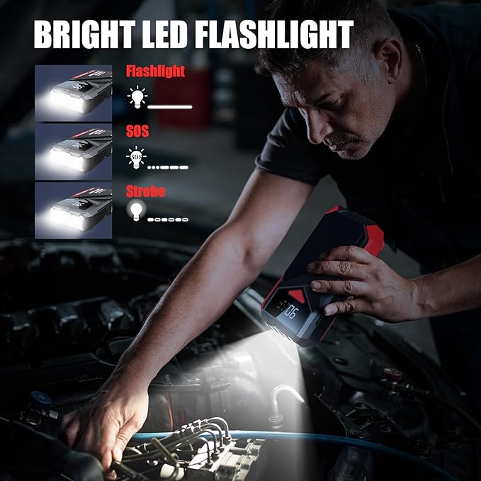 Car Battery Jumper Starter Portable: 2500A Car Jump Starter with LCD Display - 12V Auto Jump Starter Battery Pack with Jumper Cables - Jump Box for Car Battery 8.0L Gas & 7.0L Diesel Engine, Black