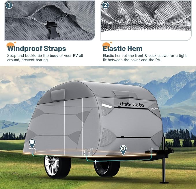 Teardrop Trailer Cover Fits 12-15 Campers, Umbrauto 7 Layers Top Heavy Duty Waterproof Camper Cover with Windproof Strap for R-Pod Trailers, Clamshell RVs
