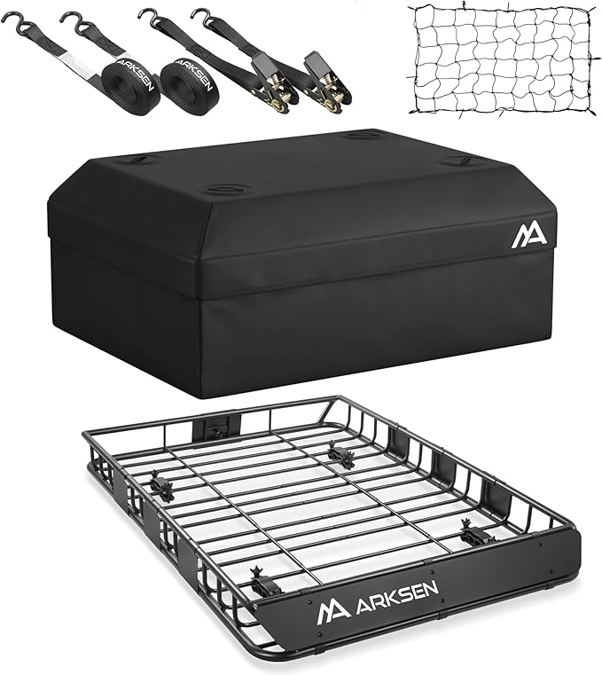 ARKSEN 54 x 39 x 5 Inch Upgrade Universal Roof Rack with Waterproof Bag, Cargo Net&2 Ratchet Straps - 150Lbs Capacity Heavy Duty Rooftop Cargo Carrier with Extension for Car, SUV & Pickup