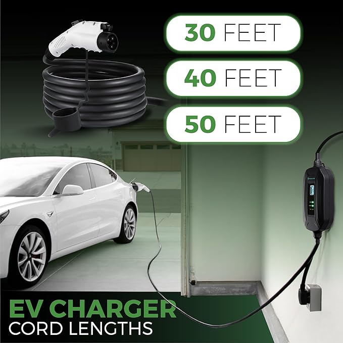 PRIMECOM Level 2 Electric Vehicle (EV) Charger (220V / 240Volt, 16Amp) Portable EVSE Smart Electric Car Charger, 30', 40', and 50 Feet Lengths (NEMA 10-50P, 40 Feet)