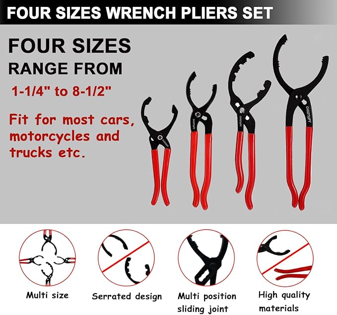 6Pcs Oil Filter Pliers Set, Universal Oil Filter Wrench with Oil Funnel, 10" & 12" & 14" & 16" Premium Oil Filter Removal Tool From 1-1/4" to 8-1/2"