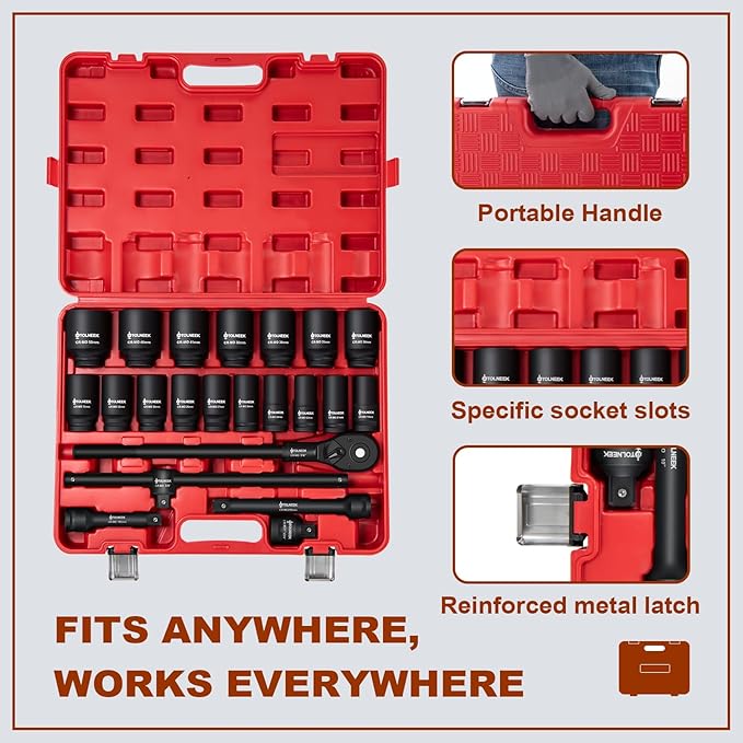 3/4" Impact Socket Set, 22PCS 6-Point Metric Sizes (19mm-50mm), Cr-Mo Steel Set with Adapters, Quick Release Ratchet Wrench, Andextension Rod & Durable Storage Case
