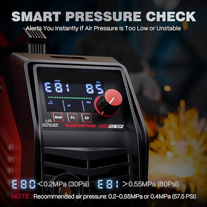 ARCCAPTAIN iControl [Non-HF] Plasma Cutter CUT55 MP with APP Control, 55Amp Blowback Pilot Arc, 120V/240V, Upgraded LED Display, Expanded Metal, Rust Removal, Plasma Gouging, Pressure Detection