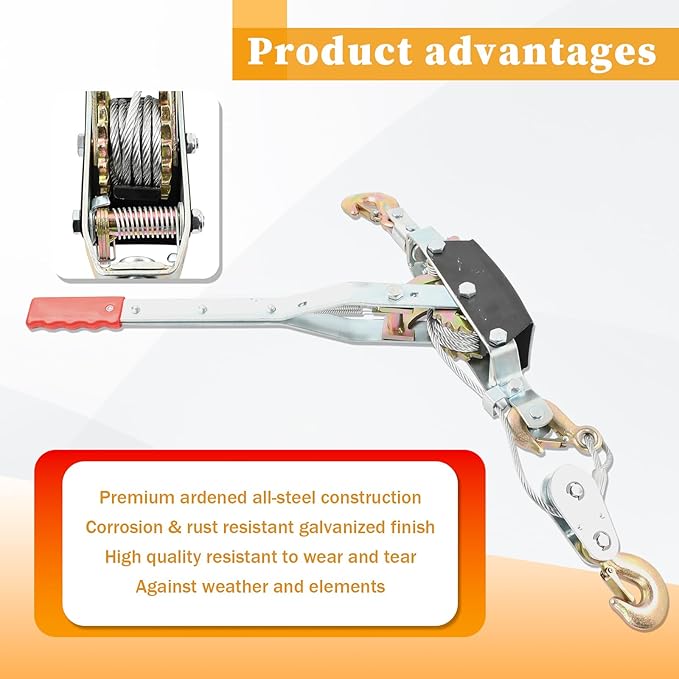 5 Ton Heavy Duty 3 Hook Steel Cable Dual Gear Power Puller Come Along Chain Winch Ratchet Tool with 3'' Inch x 8' Foot Winch Strap, Tow Strap (30,000 BLS Capacity)