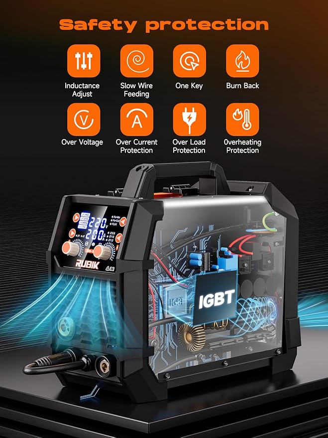 RUBIK MIG Welder,200 Amp 5 in 1 Flux Core Welder,Gas MIG/Gasless Flux Core MIG/Stick/Lift TIG/Spot welding/Spool Gun 110V/220V Aluminum Multi Process Welding Machine with Large LED Digital Display