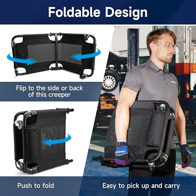 WORKPRO Foldable Mesh Creeper, 40-Inch Automotive Creeper with Padded Headrest and 4 Caster Wheels, 350 Lbs Capacity Rolling Garage Creeper, Black