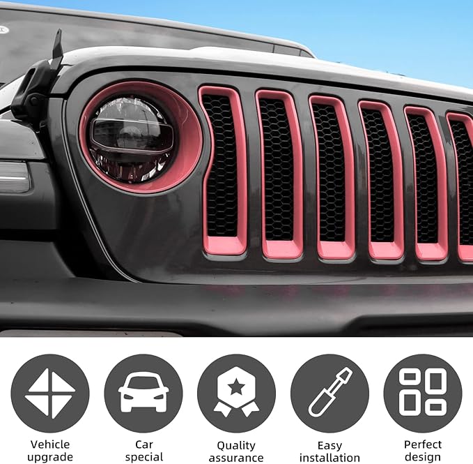 Grille Grill Insert+Headlight Turn Light Cover Compatible with 2018-2023 Jeep Wrangler JL JLU Sport/Sport S Only,Not for Sahara,Rubicon 4xe(Pink)