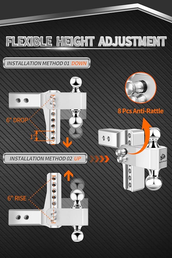 METOWARE Adjustable Trailer Hitch - Aluminum Drop Hitch Fits 2.5-Inch Receiver - Heavy Duty Tow Hitch with 6-Inch Drop/Rise for Truck (18,000 LBS GTW), Double Stainless Steel Locks & Hitch Pin