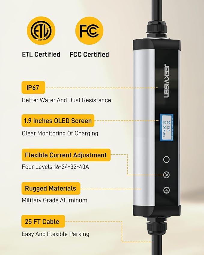 Level 2 Portable EV Charger - 40A 240V EVSE with NEMA 14-50 Plug,9.6kW,25ft Cable,ETL Certified,40A/32A/24A/16A Adjustable Current Home EV Charging Station (40A NEMA14-50 25ft)