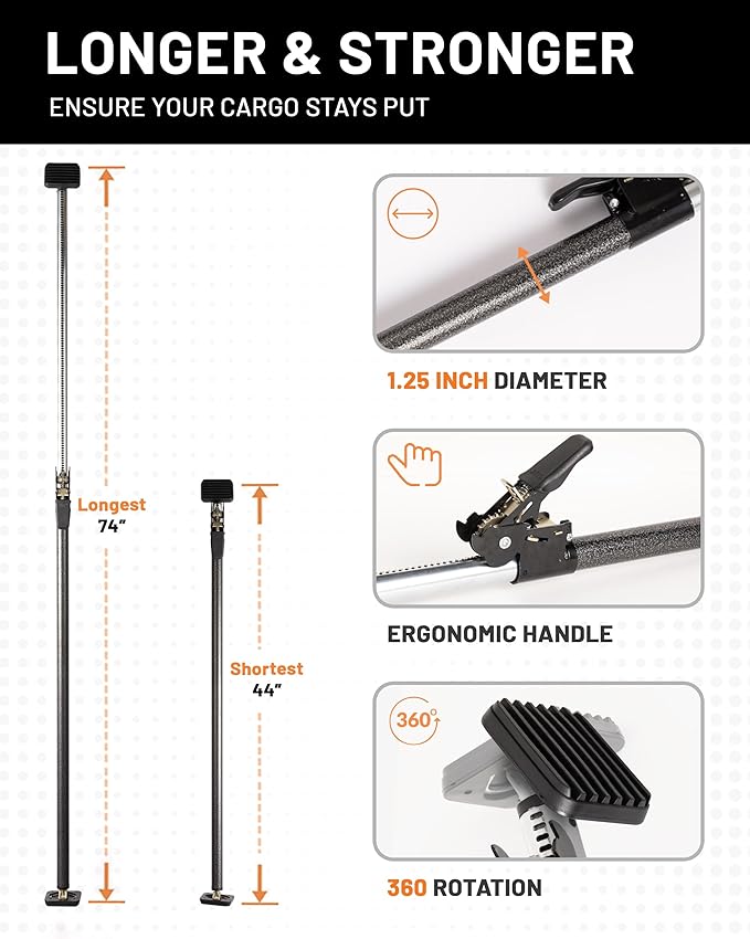 Strapinno - Ratcheting Cargo Bar 44"-74", Non-Slip Truck Bed Divider, Easy Setup, Strong 1.25" Tube, Adjustable Stabilizer for Pickup Trucks - 2-Pack